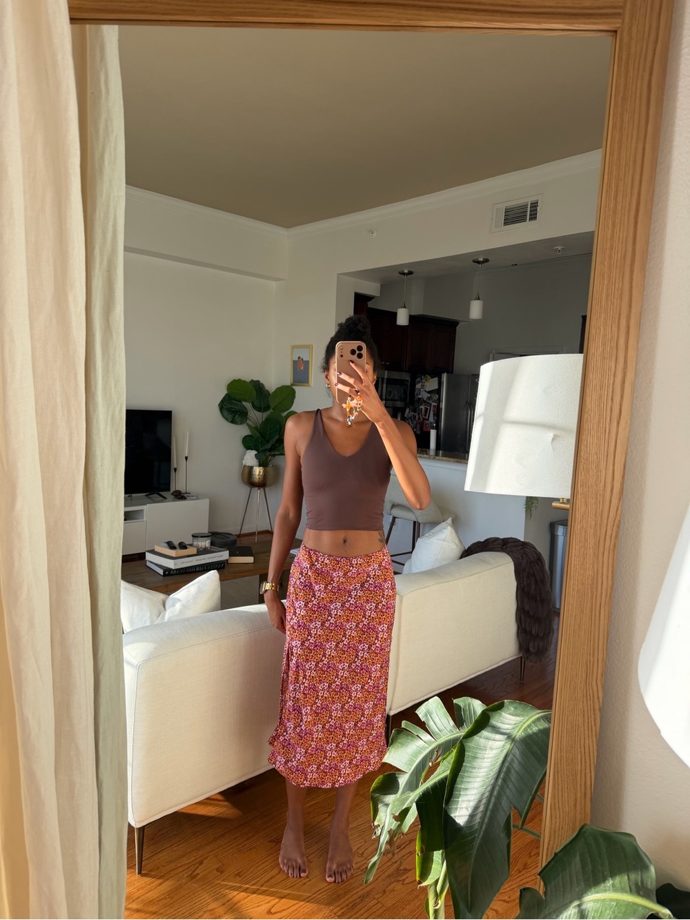 Francesca's Printed Midi Skirt in Pink and Orange Floral